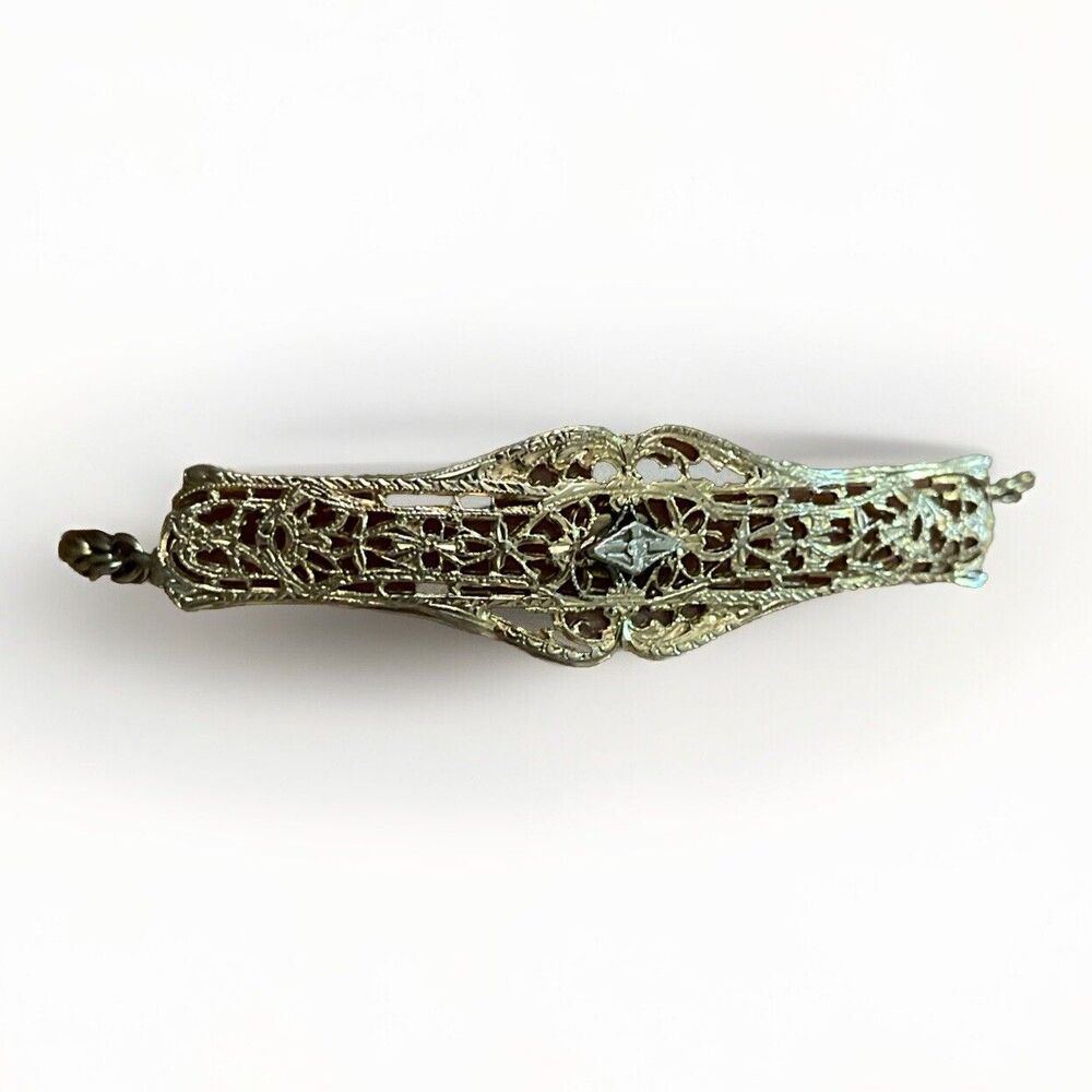 Vintage 12K Gold Filled Filigree Bar Rope Chain Bracelet with Center Diamond